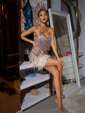 Tassel Feather Mini Dress In Champagne - View 4