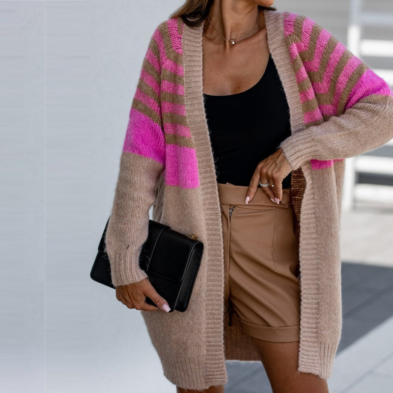 Striped Colorblock Open Front Long Sleeve Longline Knit Cardigan