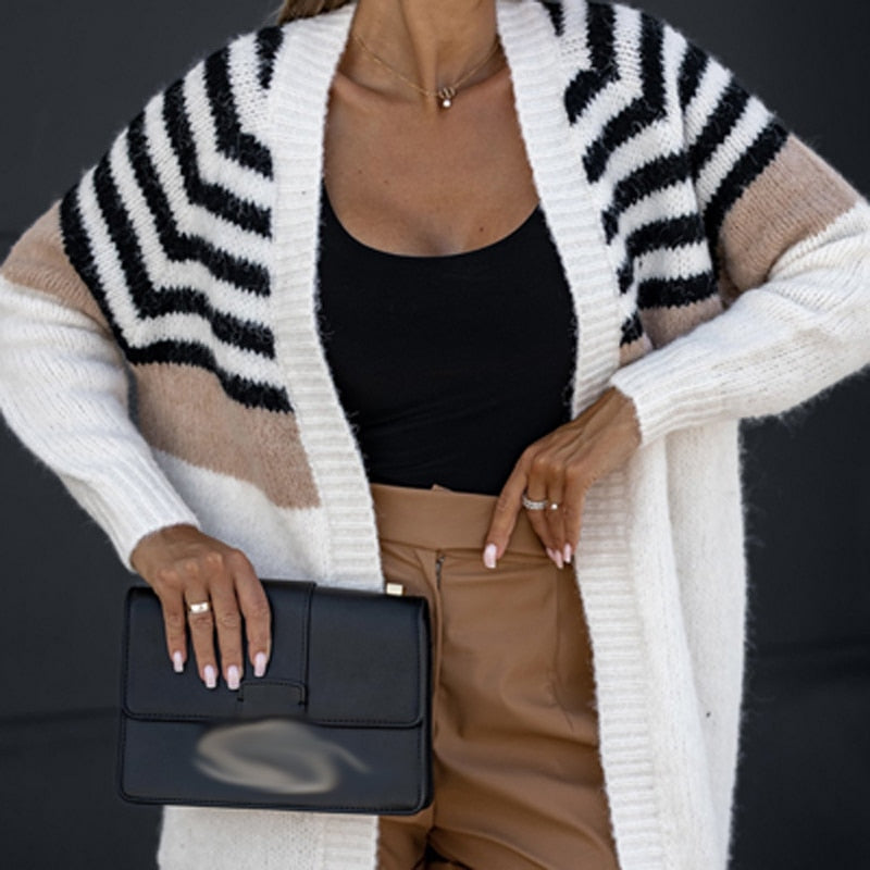 Striped Colorblock Open Front Long Sleeve Longline Knit Cardigan 4