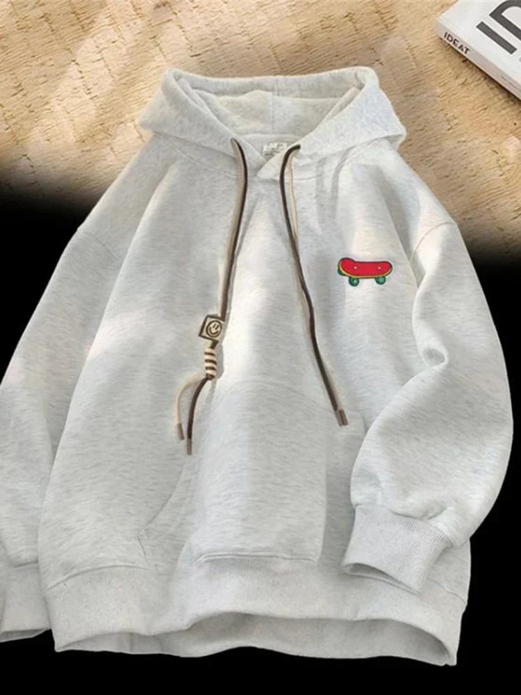 Embroidered Skateboard Patch Double Drawstring Fleece Hoodie 9