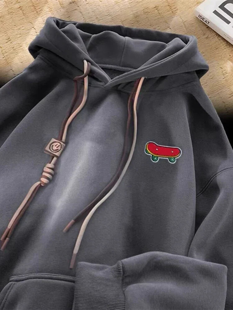Embroidered Skateboard Patch Double Drawstring Fleece Hoodie 10