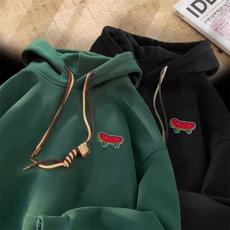 Embroidered Skateboard Patch Double Drawstring Fleece Hoodie