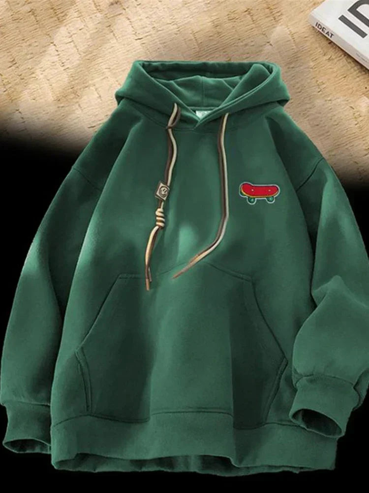 Embroidered Skateboard Patch Double Drawstring Fleece Hoodie 11