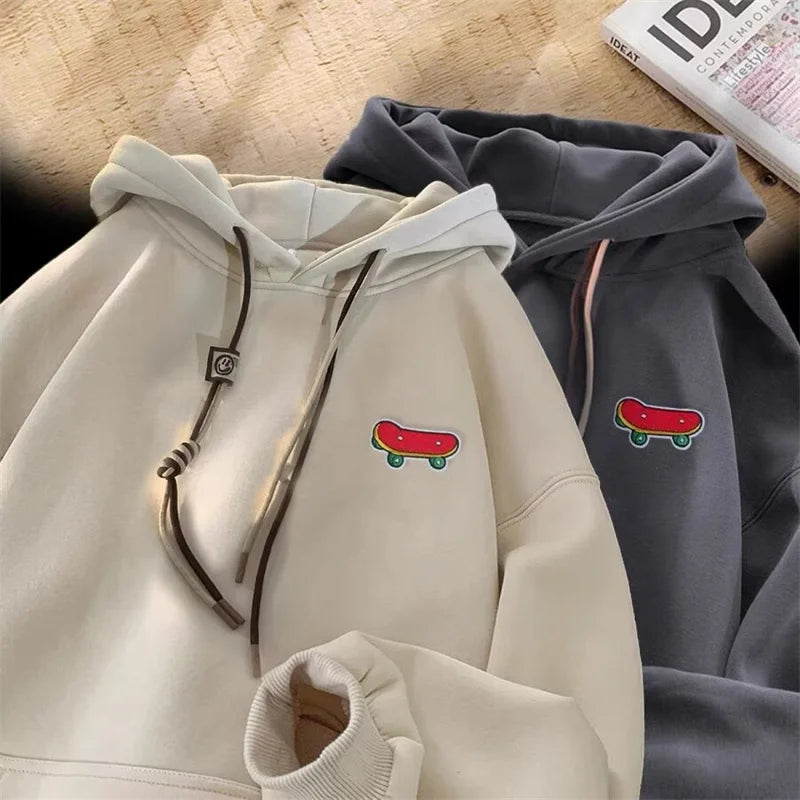 Embroidered Skateboard Patch Double Drawstring Fleece Hoodie 3
