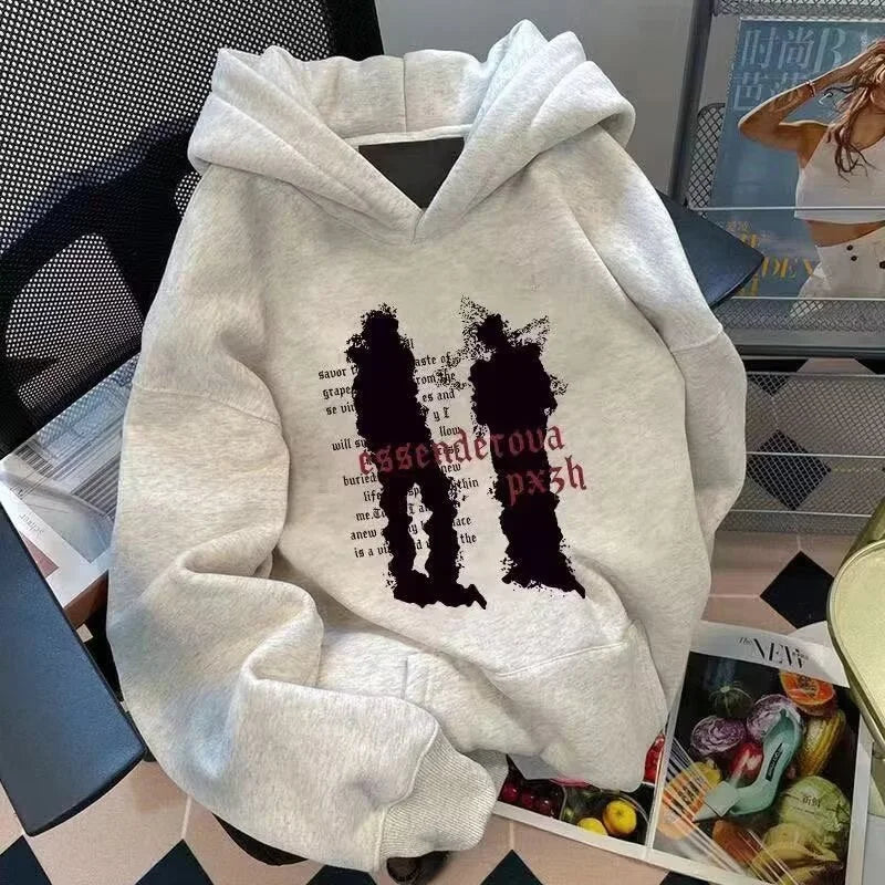 Abstract Figure Gothic Letter Print Notch Neck Oversized Hoodie