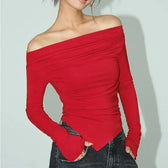 Sexy Off Shoulder Slim T-shirt Sweater Red / S