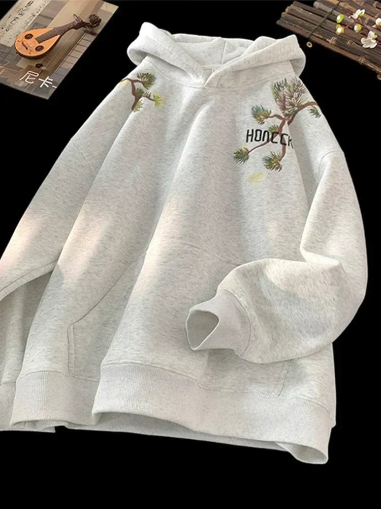 Pine Branch Print Notch Neck Oversized Pullover Hoodie 9
