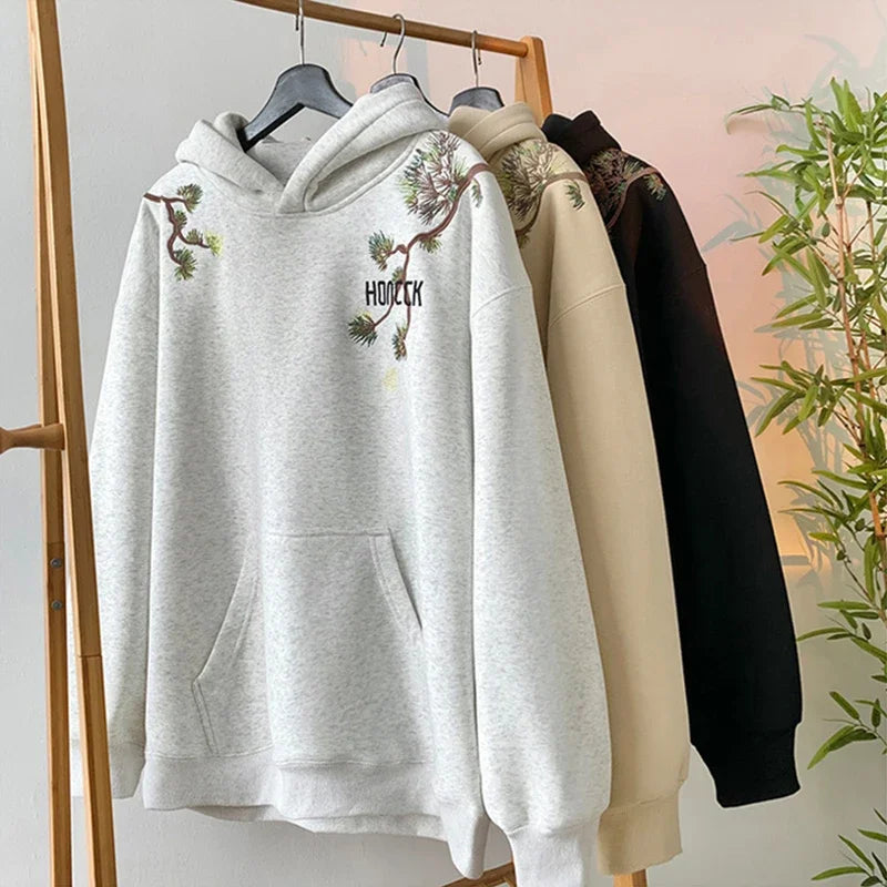 Pine Branch Print Notch Neck Oversized Pullover Hoodie 4