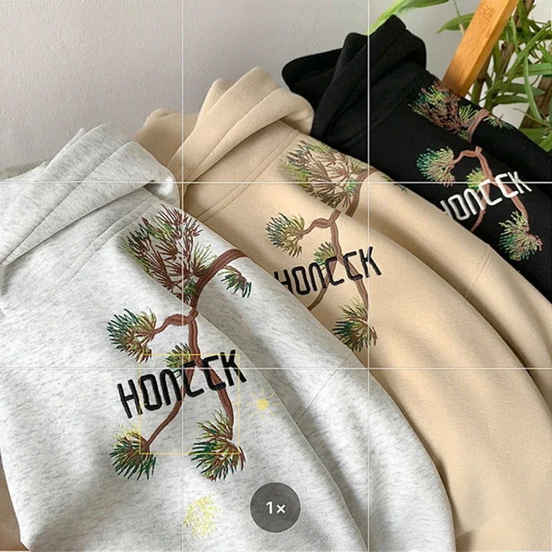 Pine Branch Print Notch Neck Oversized Pullover Hoodie 3