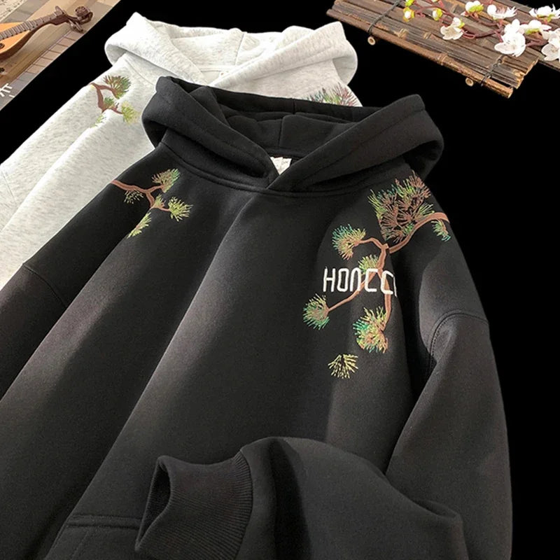 Pine Branch Print Notch Neck Oversized Pullover Hoodie 6