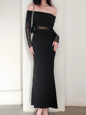 Autumn Sexy Strapless Black Lace Patchwork Long Streetwear Club Bodycon Dress / S