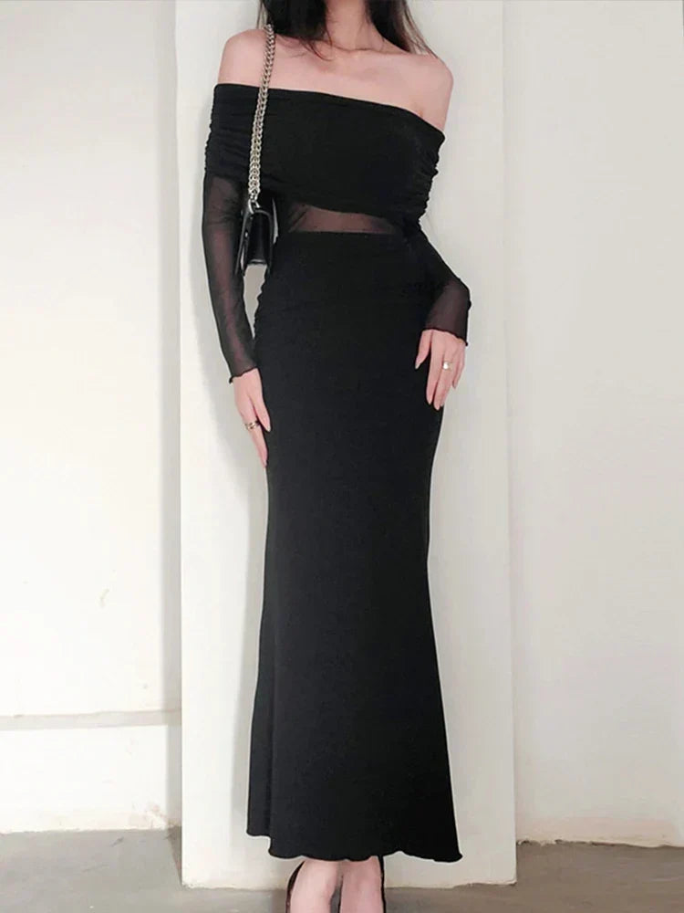Off Shoulder Mesh Long Sleeve Sheer Waist Panel Ruched Bodycon Maxi Dress 7