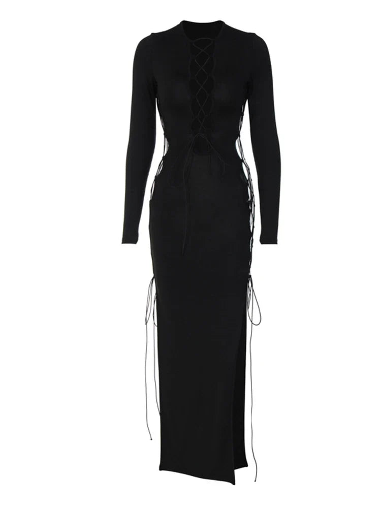 Autumn Y2K Hollow Out ONeck Side Slit Club Streetwear Midi Dresses