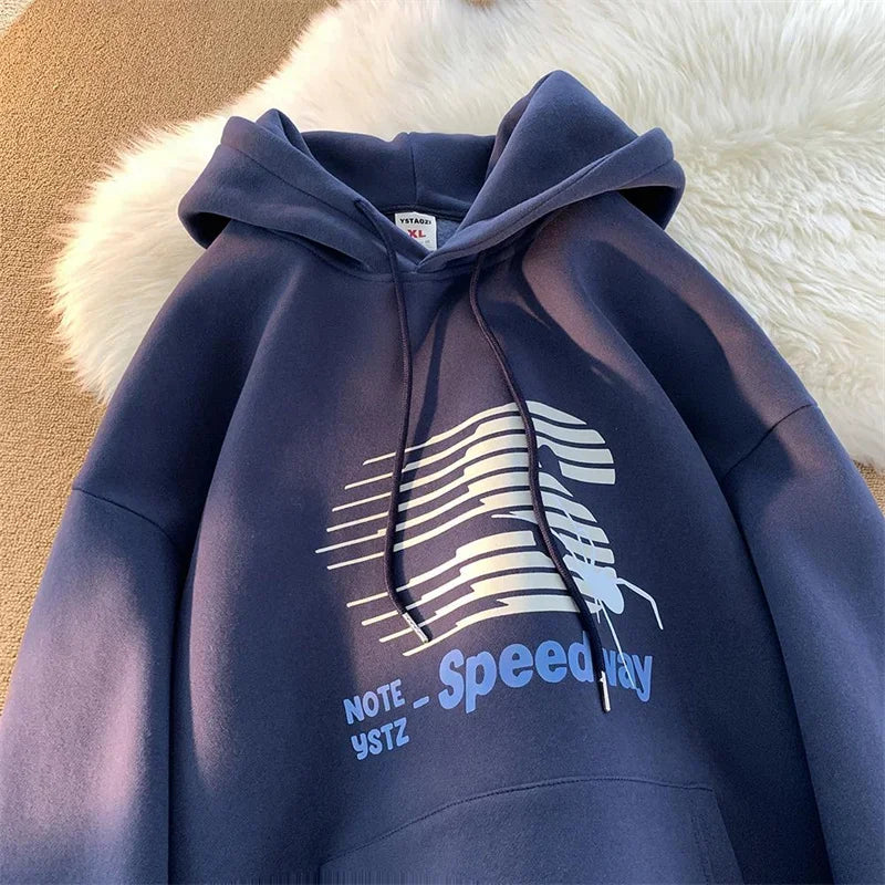 Speedway Letter Striped Graphic Print Fleece Pullover Hoodie
