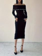 Autumn Winter Black Long Slash Neck Straight Elegant Party Clubwear Bodycon Dress