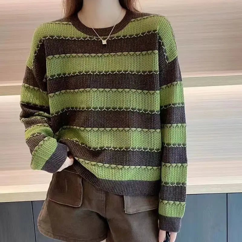 Striped Patchwork Round Neck Korean All - Match Sweater