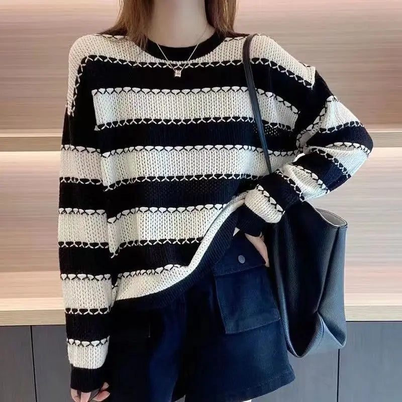 Striped Crew Neck Contrast Stitch Trim Textured Knit Sweater 3