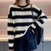 Striped Patchwork Round Neck Korean All - match Sweater White / S