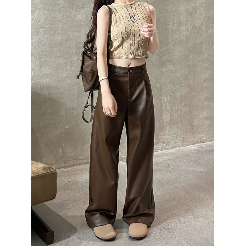Straight Patent Leather Red Streetwear Autumn Casual Women’s Pants