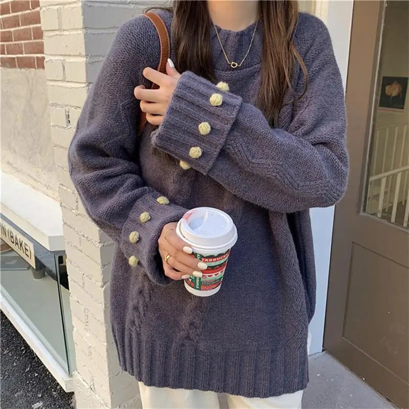 Crew Neck Cable Knit Pom Pom Cuff Oversized Sweater 4