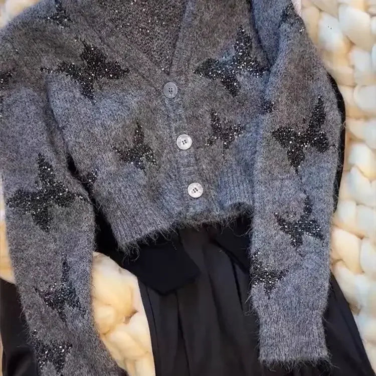 Fuzzy Knit V-Neck Sequin Butterfly Button Front Cropped Cardigan 2