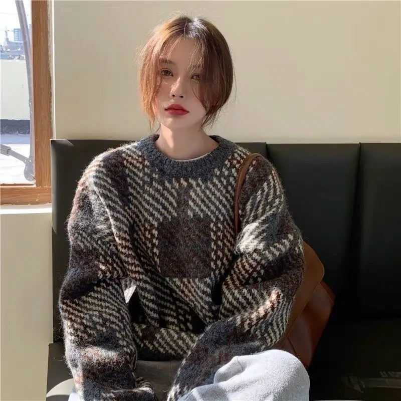 Plaid Jacquard Crew Neck Fuzzy Knit Oversized Sweater 2