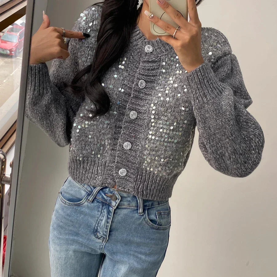 Crew Neck Long Sleeve Sequin Marled Knit Button Front Cardigan 2