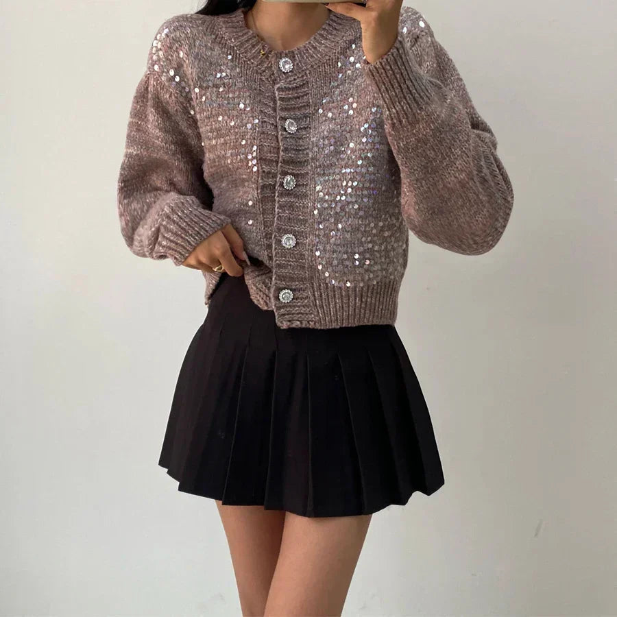 Crew Neck Long Sleeve Sequin Marled Knit Button Front Cardigan 7