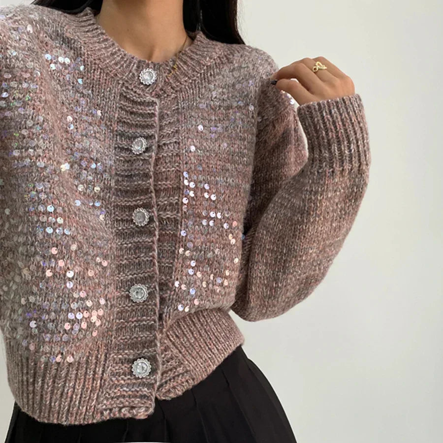 Crew Neck Long Sleeve Sequin Marled Knit Button Front Cardigan
