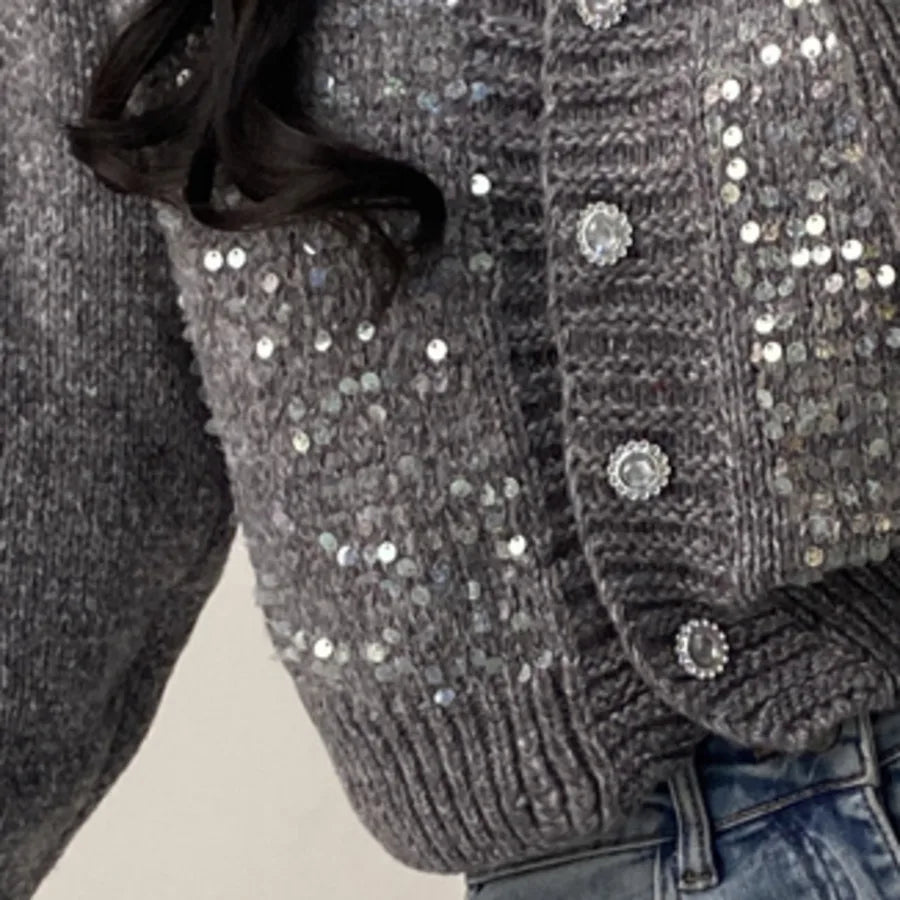 Crew Neck Long Sleeve Sequin Marled Knit Button Front Cardigan 4