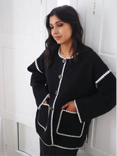Contrast O Neck Loose Elegant Long Sleeves Winter New Stylish Fashionable Coat Black / S Coats-L