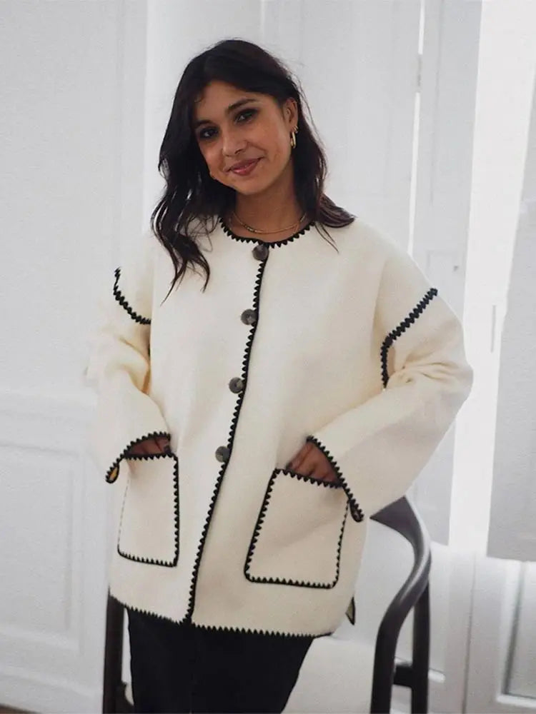Contrast O Neck Loose Elegant Long Sleeves New Stylish Fashionable Coat