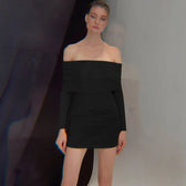 Autumn And Winter New Off Shoulder Knitted Slim Pleated Long Sexy Bodycon Dress Black / S