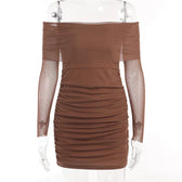 Autumn And Winter New Off Shoulder Knitted Slim Pleated Long Sexy Bodycon Dress Dark Brown / S