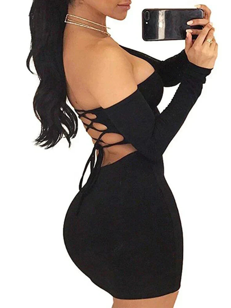 Autumn winter long Sexy Off Shoulder Backless Lace Midi Dresses - View 5
