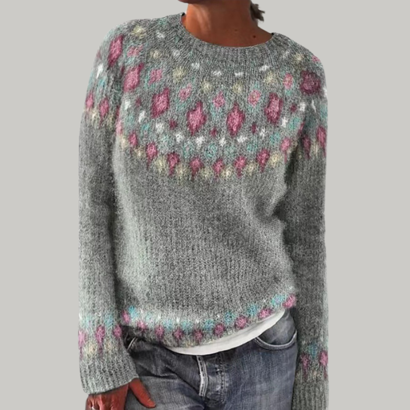 Fair Isle Pattern Crew Neck Long Sleeve Knit Sweater