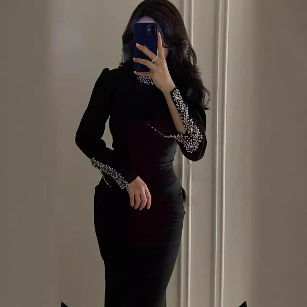 Selection Black Long Sleeve Rhinestone Split Bandage One Piece Dress