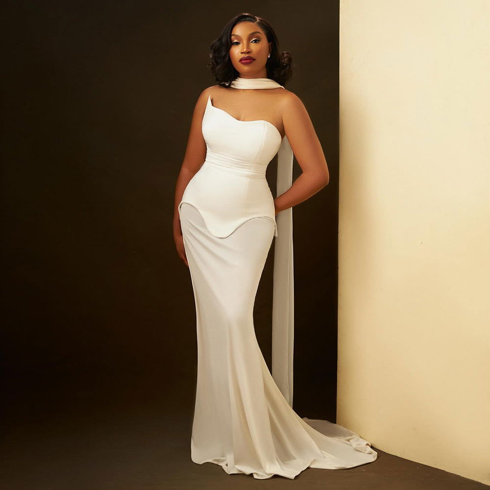 Strapless Scalloped Peplum Scarf Neck Mermaid Train Maxi Gown