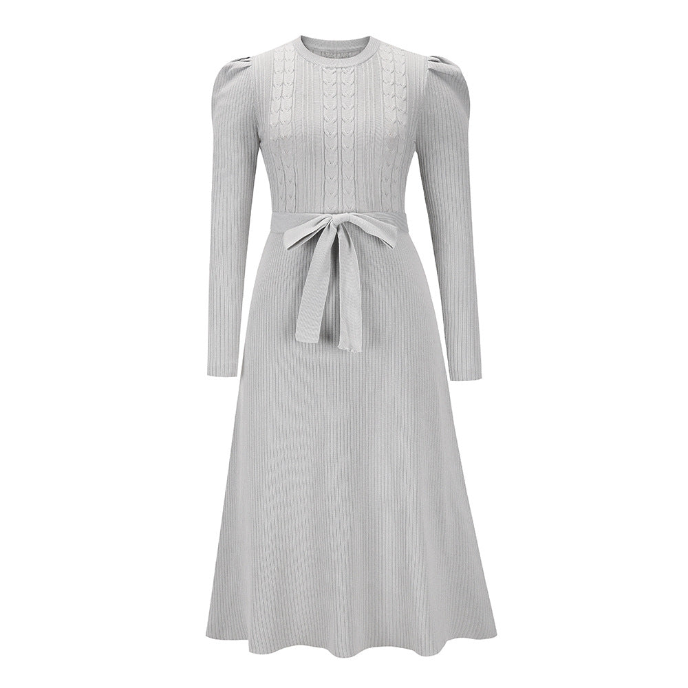 Bubble Long Sleeve Knitted Dress Mid - Length Elegant Slimming High Waist Big Swing Dress Base Sweater Dress