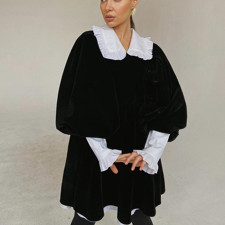 Design French Doll Collar Casual Velvet Black Dress Dress Petti dress for