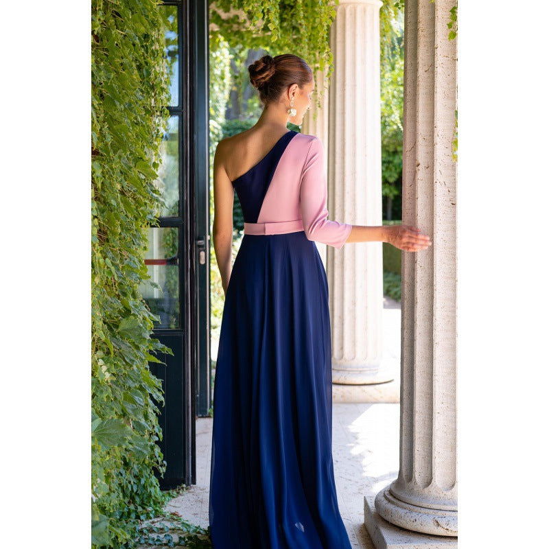 One Shoulder Long Sleeve Floral Embroidered Cut Out Chiffon Maxi Gown