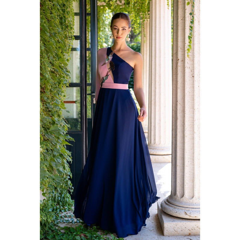 One Shoulder Long Sleeve Floral Embroidered Cut Out Chiffon Maxi Gown