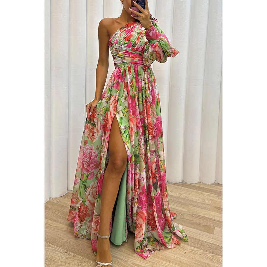 Party Casual Split Dress Loose Multi Color Oblique Shoulder Dress