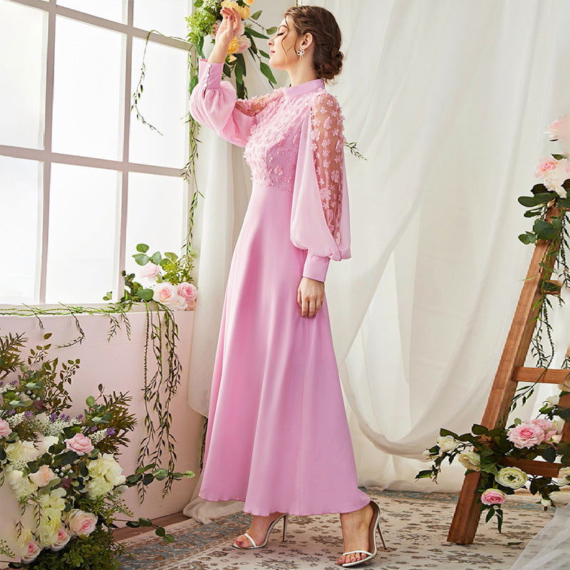 Floral Applique Mock Neck Bishop Sleeve Button Cuff A-Line Maxi Dress