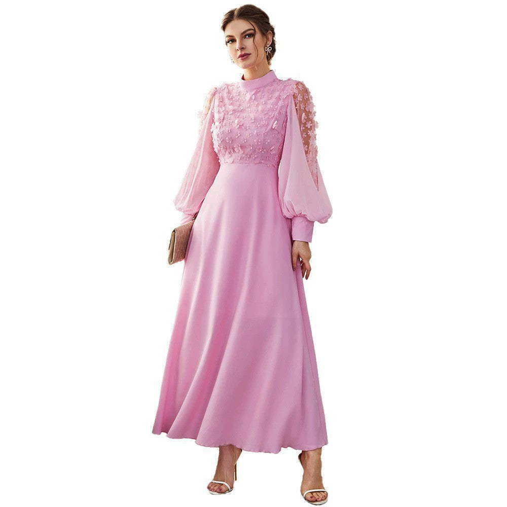 Floral Applique Mock Neck Bishop Sleeve Button Cuff A-Line Maxi Dress