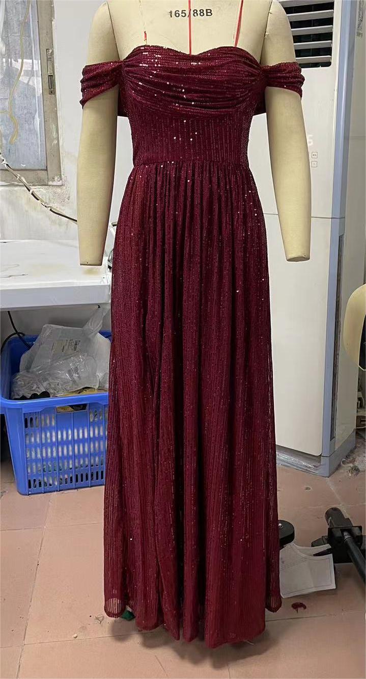 Sequin Off Shoulder Sweetheart Ruched Bodice High Split Maxi Gown