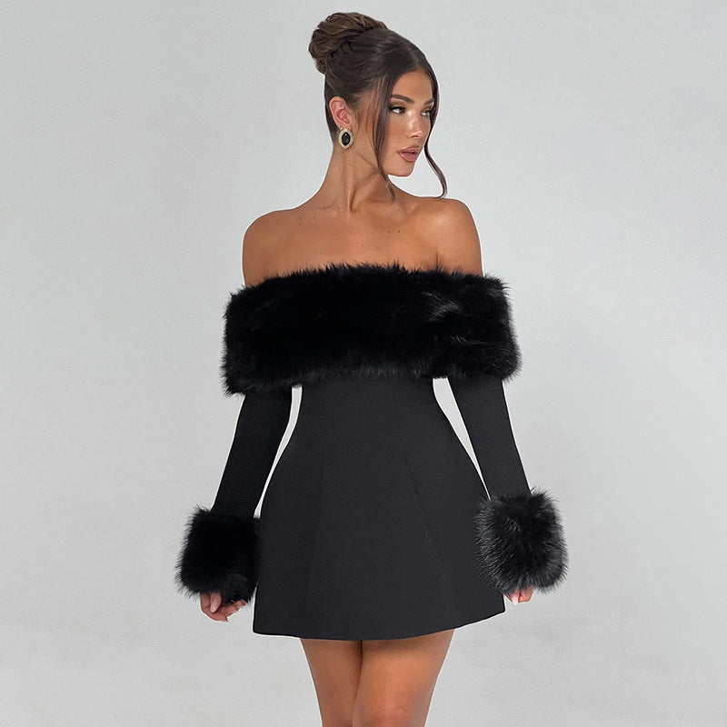 Fur Collar off Shoulder Slim Slimming A line Dress