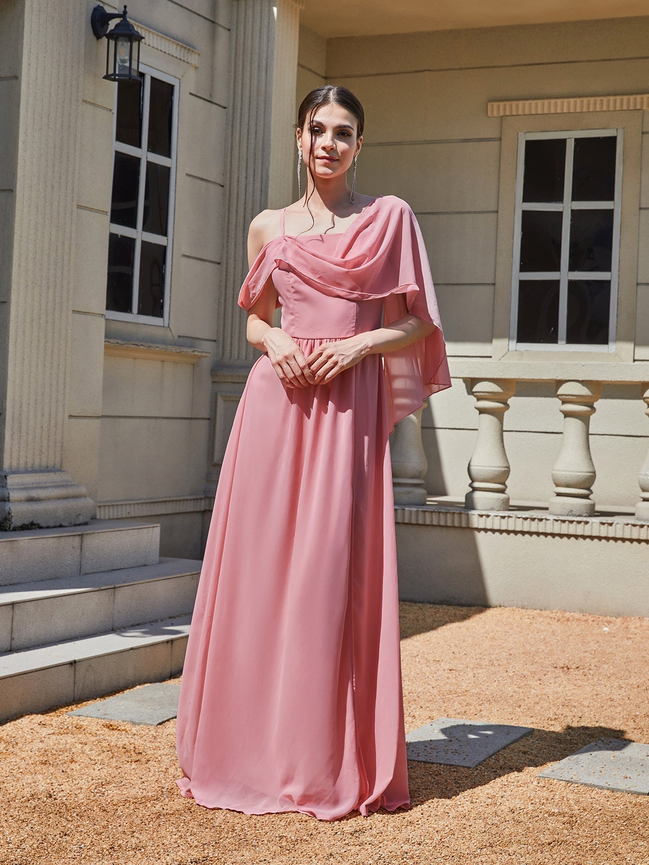 One Shoulder Cowl Cape Sleeve High Split Chiffon Maxi Gown