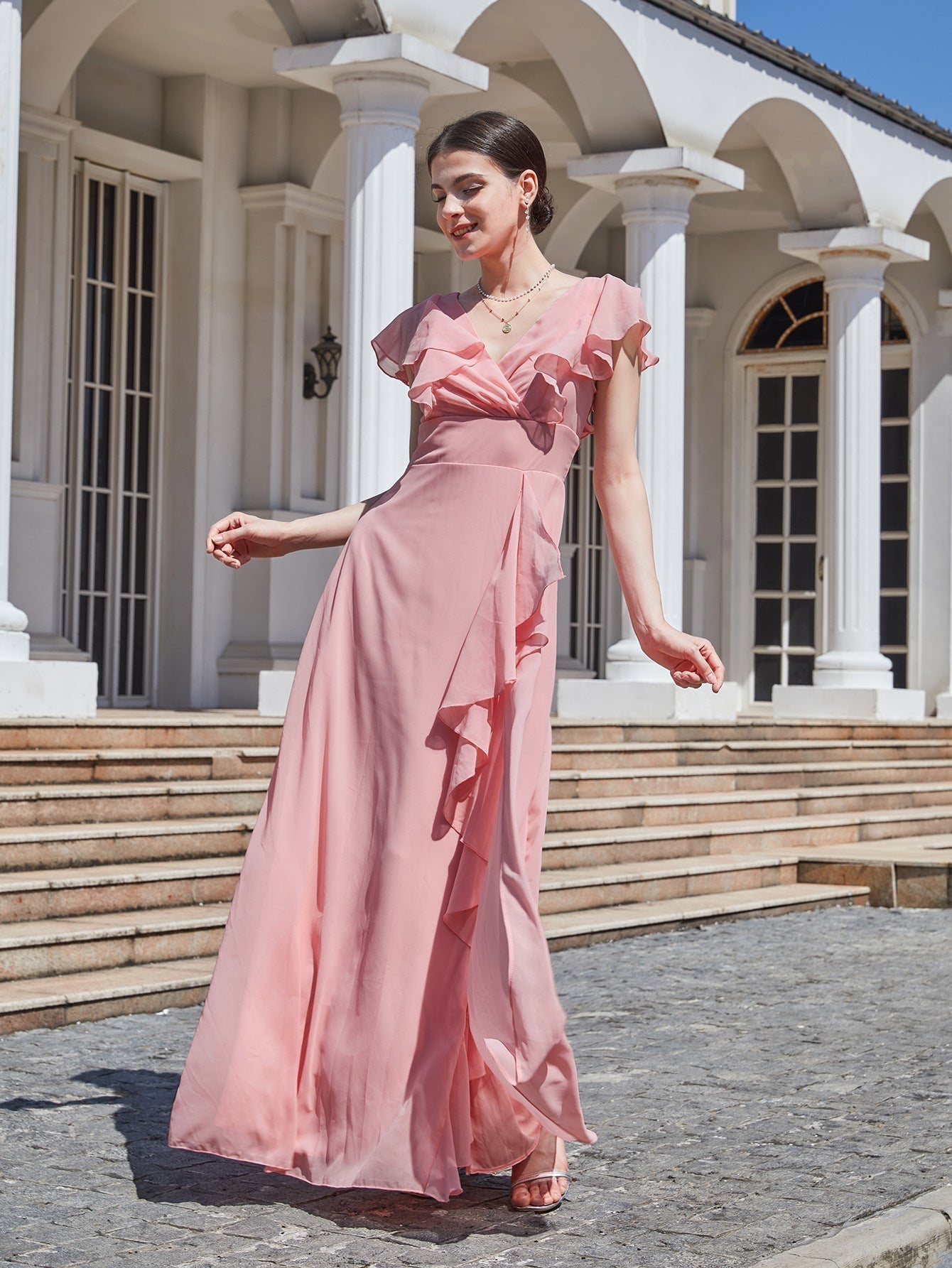 Chiffon V-Neck Ruffle Sleeve Cascade A-Line Maxi Bridesmaid Dress