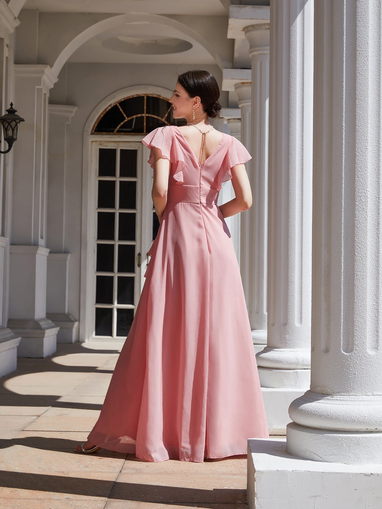 Chiffon V-Neck Ruffle Sleeve Cascade A-Line Maxi Bridesmaid Dress